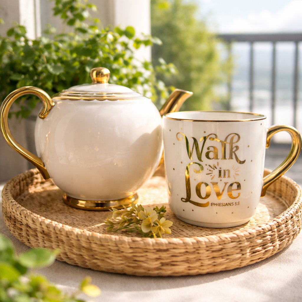 Walk in Love Tea Set – Ephesians 5:2 Gold Teapot & Matching Encouragement Mug | Scripture Tea Gift Set