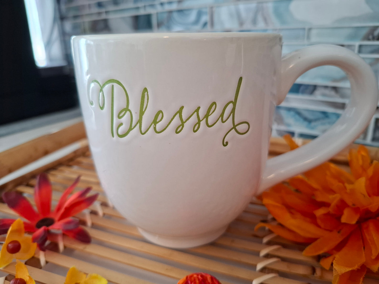 Large Blessed green floral mug