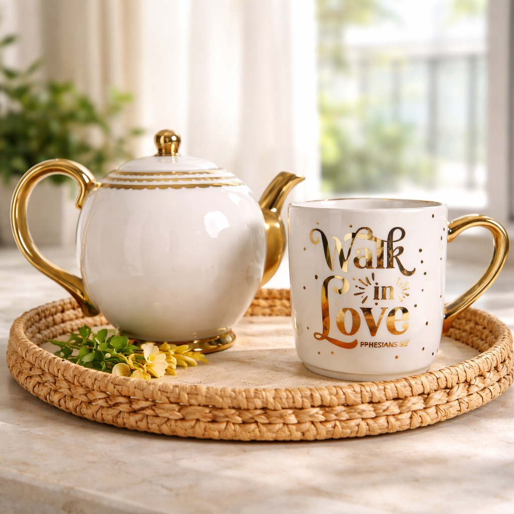 Walk in Love Tea Set – Ephesians 5:2 Gold Teapot & Matching Encouragement Mug | Scripture Tea Gift Set