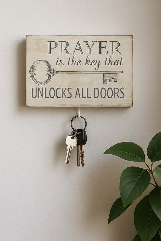 Christian farmhouse key holder wall decor – “Prayer is the key that unlocks all doors” scripture sign, faith-based home decoration