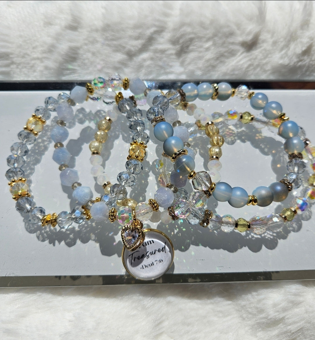 I Am Treasured” Blue Crystal & Stone Bracelet Set – Stackable Beaded Bracelets