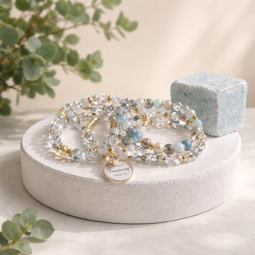 I Am Treasured” Blue Crystal & Stone Bracelet Set – Stackable Beaded Bracelets