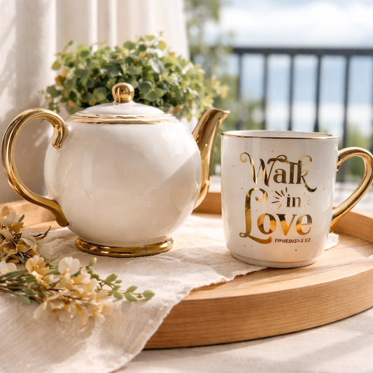 Walk in Love Tea Set – Ephesians 5:2 Gold Teapot & Matching Encouragement Mug | Scripture Tea Gift Set