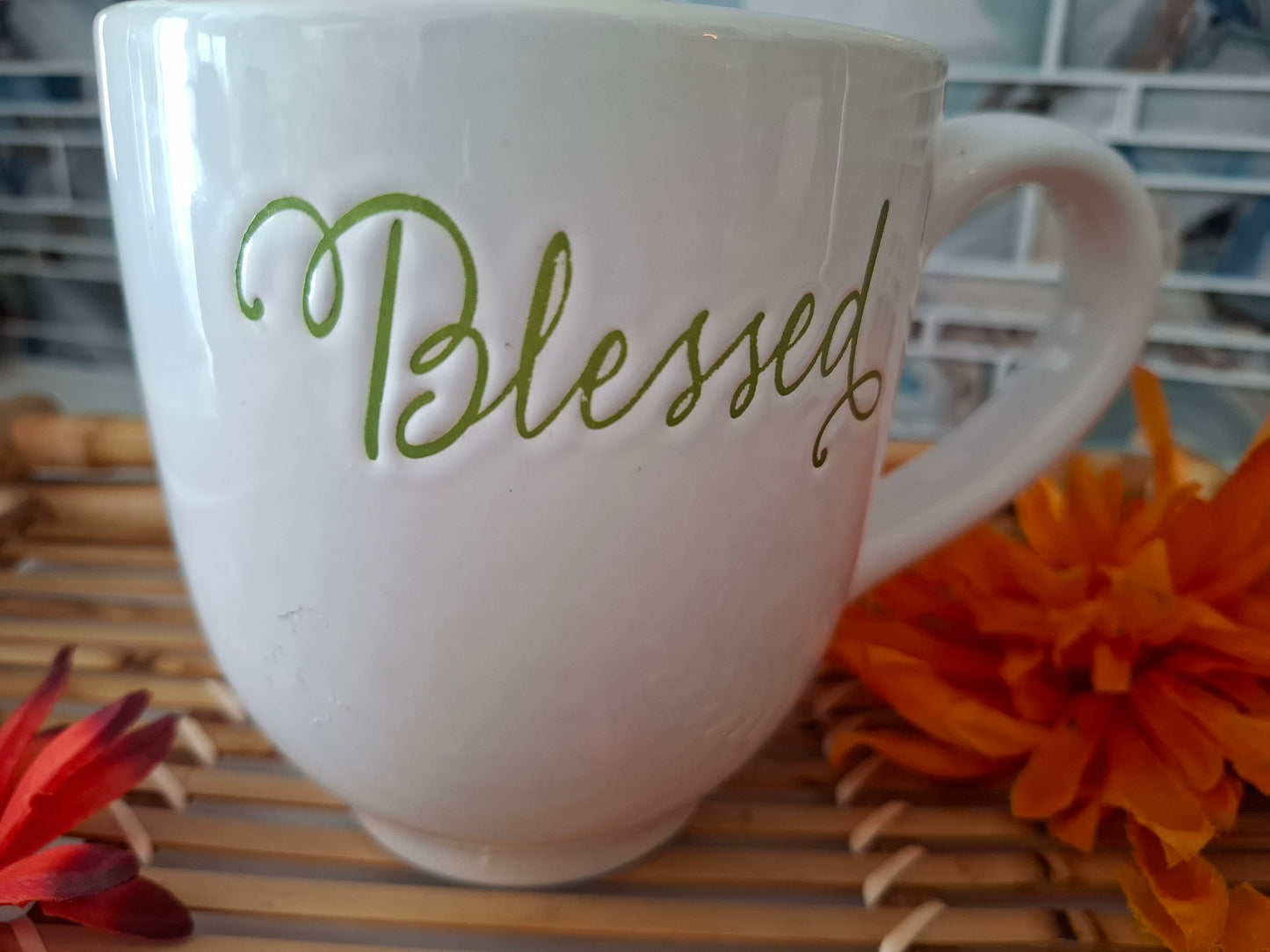Large Blessed green floral mug