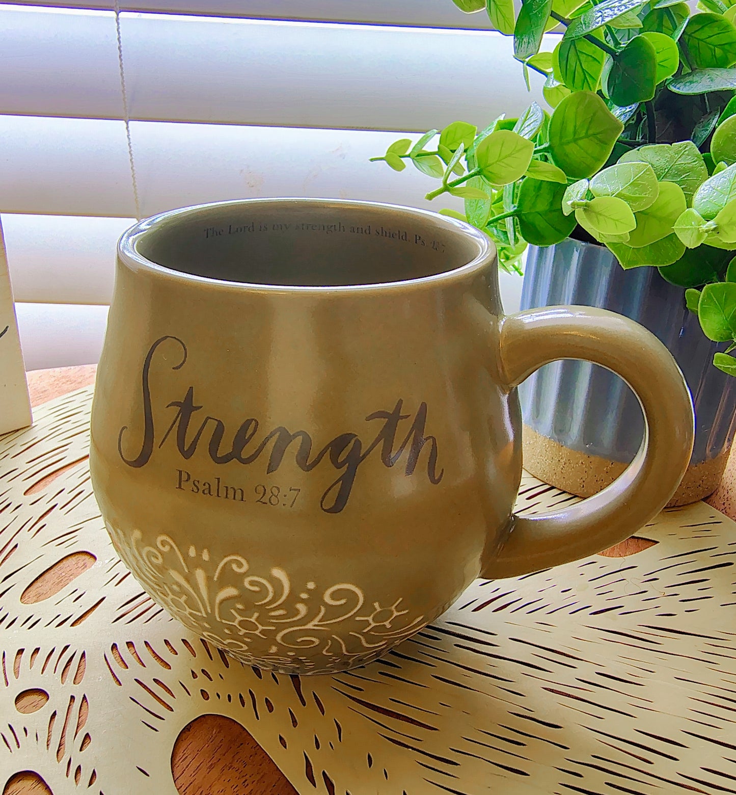 “Strength – Psalm 28:7” Mug by DaySpring | Ceramic Faith-Based Mug | Sanctuary Collection